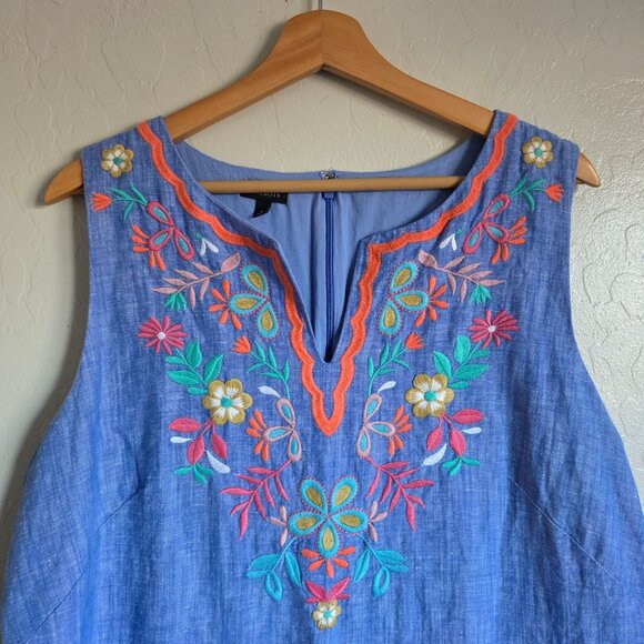 Talbots Linen Blend Floral Embroidered Chambray Shift Dress Blue Size Women's 16 - Picture 3 of 10